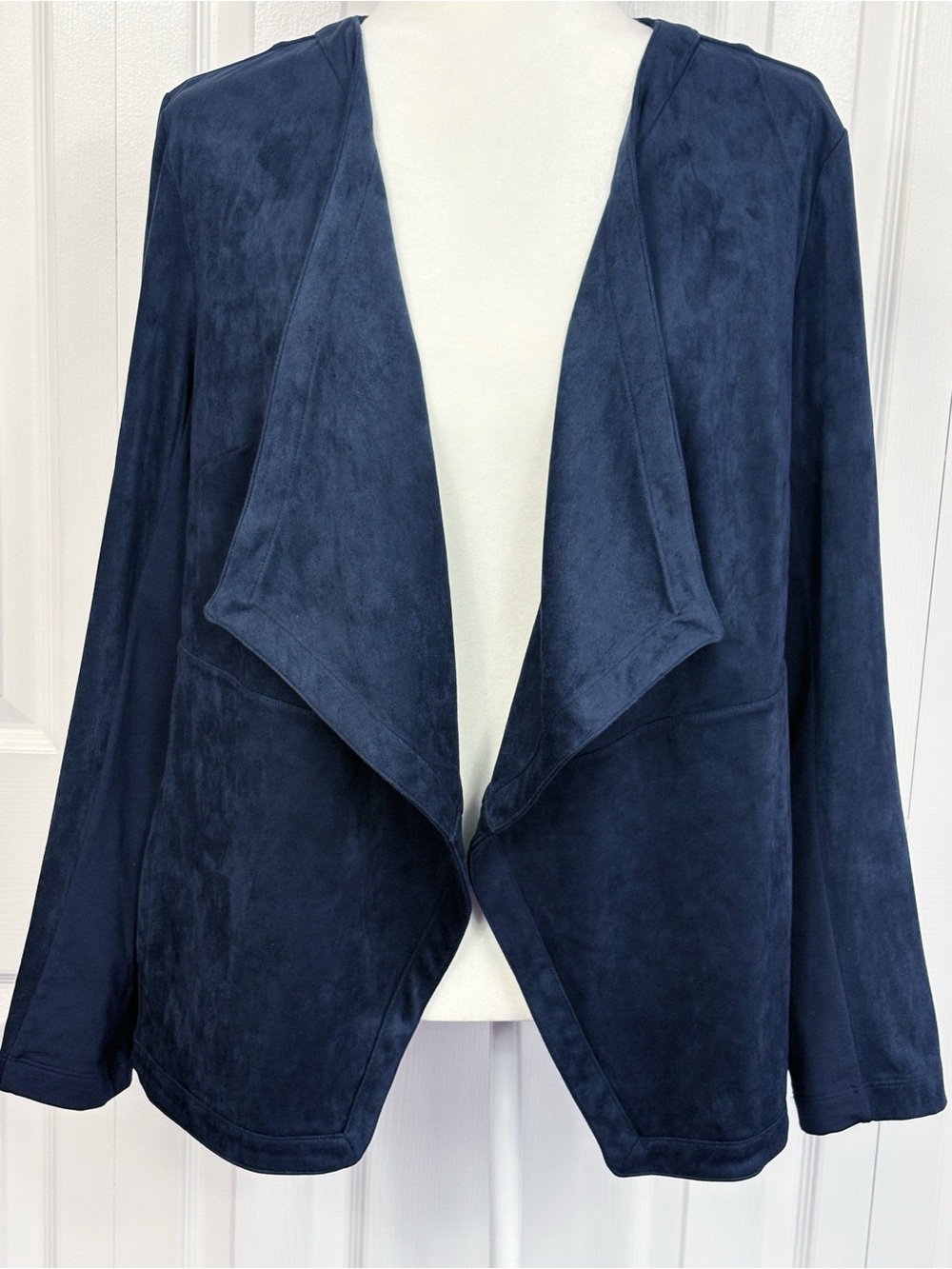 J. Jill Navy Blue Faux Brushed Suede & Knit Draped Open Front Jacket Large